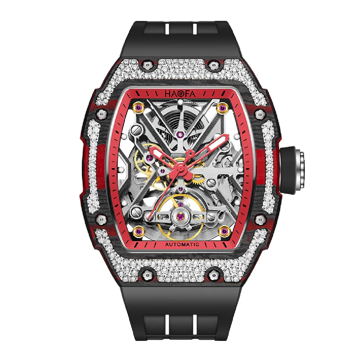 

Haofa Automatic Watch for Men Luxury Carbon Fiber Diamond Case Skeleton Mechanical Watch Sapphire Waterproof Luminous Watch 1989