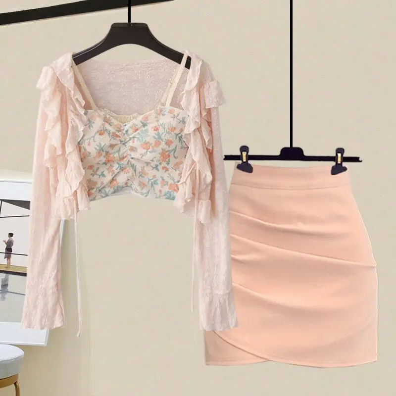 

Summer Outfits Women's 2023 New Korean Edition Fragmented Flower Strap Versatile Cardigan Half Dress Three Piece Set Fashion