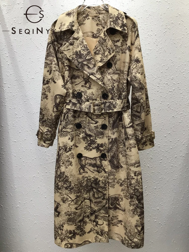 Женский Длинный тренчкот SEQINYY модельный с винтажным цветочным принтом 100% хлопок