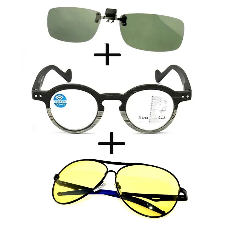 

3Pcs!!! Progressive Round Anti Blu Light Reading Glasses Men Women + Polarized Sunglasses Pilot Night Vision + Sunglasses Clip