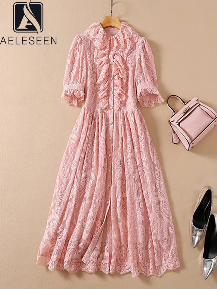 

AELESEEN Runway New 2022 Summer Vintage Dress Women Pink Short Sleeve Lace Ruffles Single Breasted Elegant Ladies