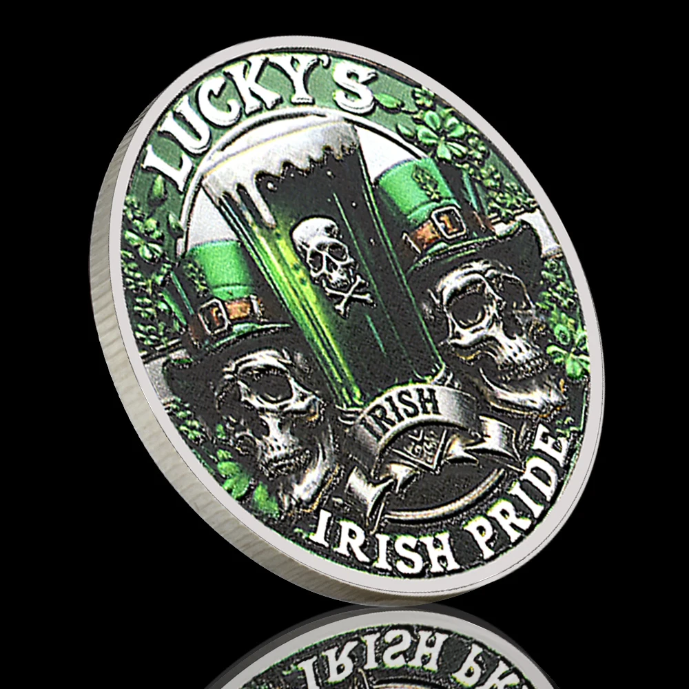 Фото Набор памятных монет Lucky’s Irish Pride с серебряным покрытием – коллекционный сувенир ко Дню Святого Патрика, подарок с дизайном зеленого пива и черепа №3
