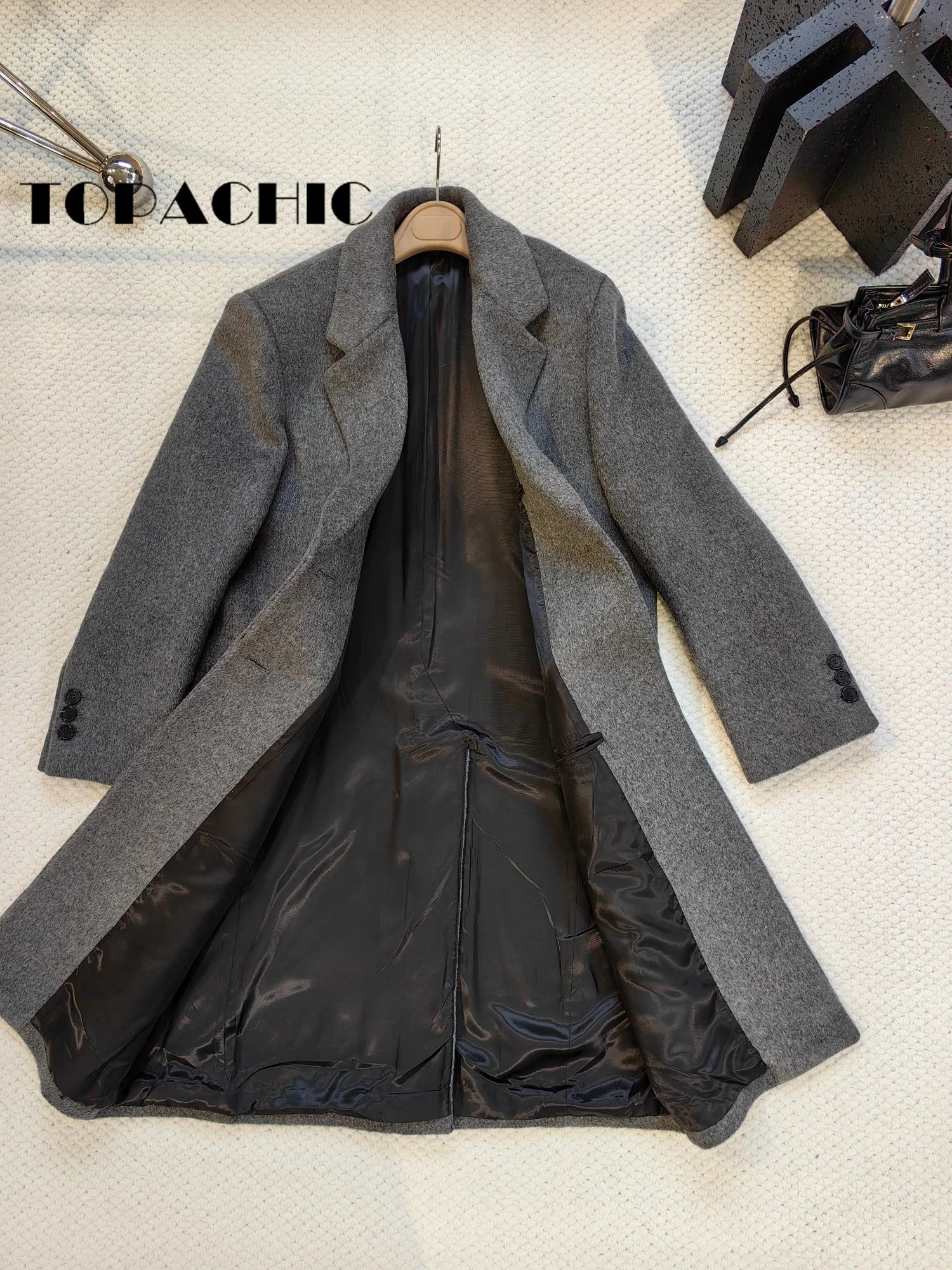 11.1 TOPACHIC High Quality Gray Color Mid-Length Lapel Single Breasted Pocket Thick Wool Coat For Women