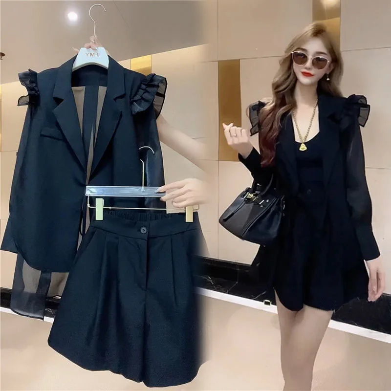 Internet Celebrity Elegant Fashion Suit Women's Western Style Mesh Casual Ruffled Suit Jacket Wide Leg Shorts Two-piece Set Fash