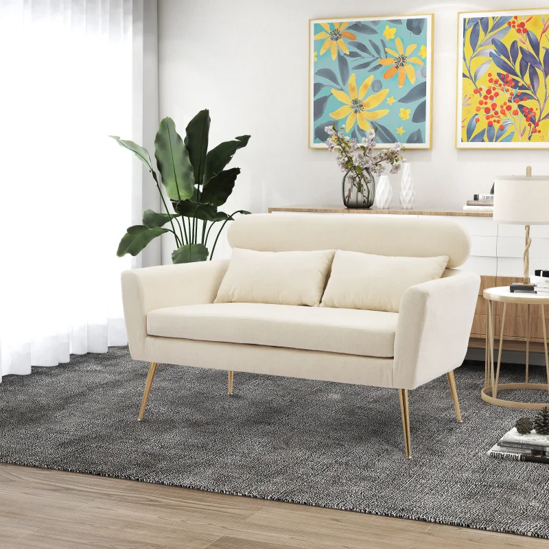 

51"W Modern Chenille Loveseat Small Sofa Small Mini Room Couch Two-Seater Sofa with 2 Throw Pillows Gold Metal