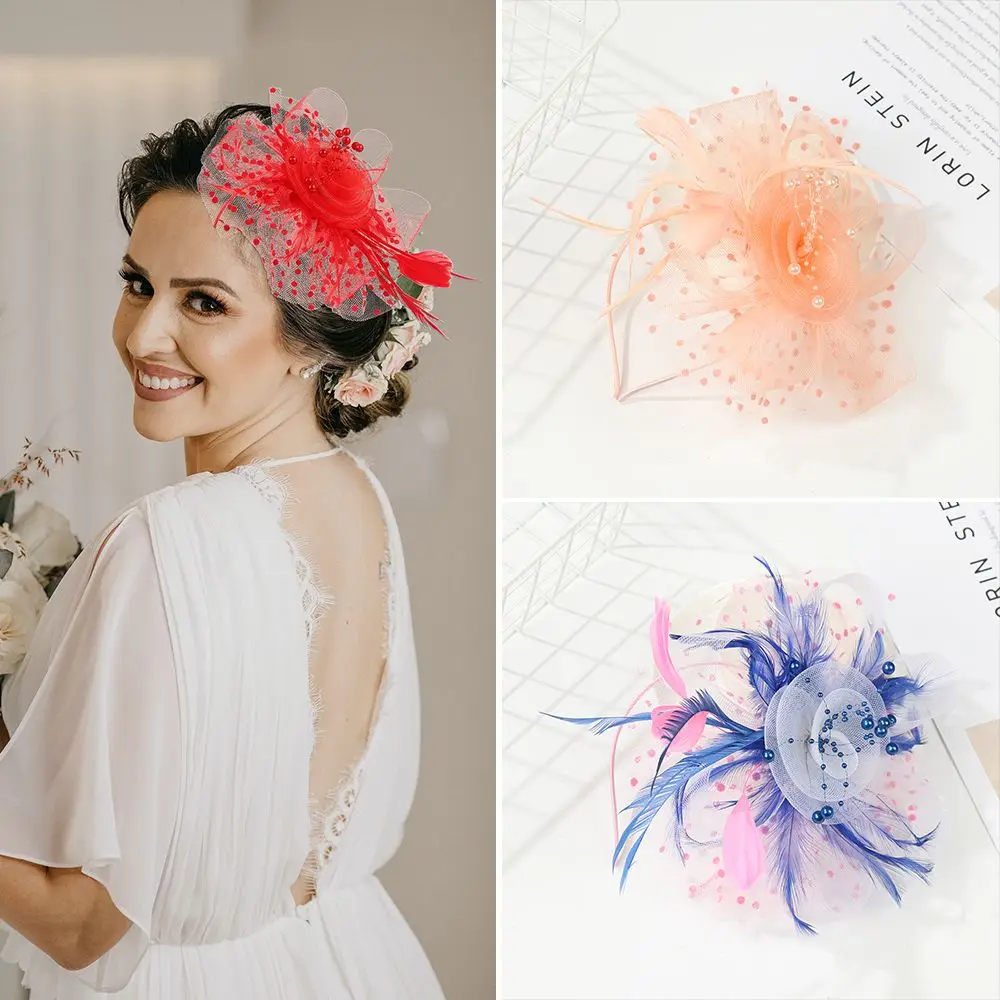 

Organza Cocktail Wedding for Girls and Women Flower Mesh Fascinators Hat Feathers Hair Clip Headband Bridal Headwear