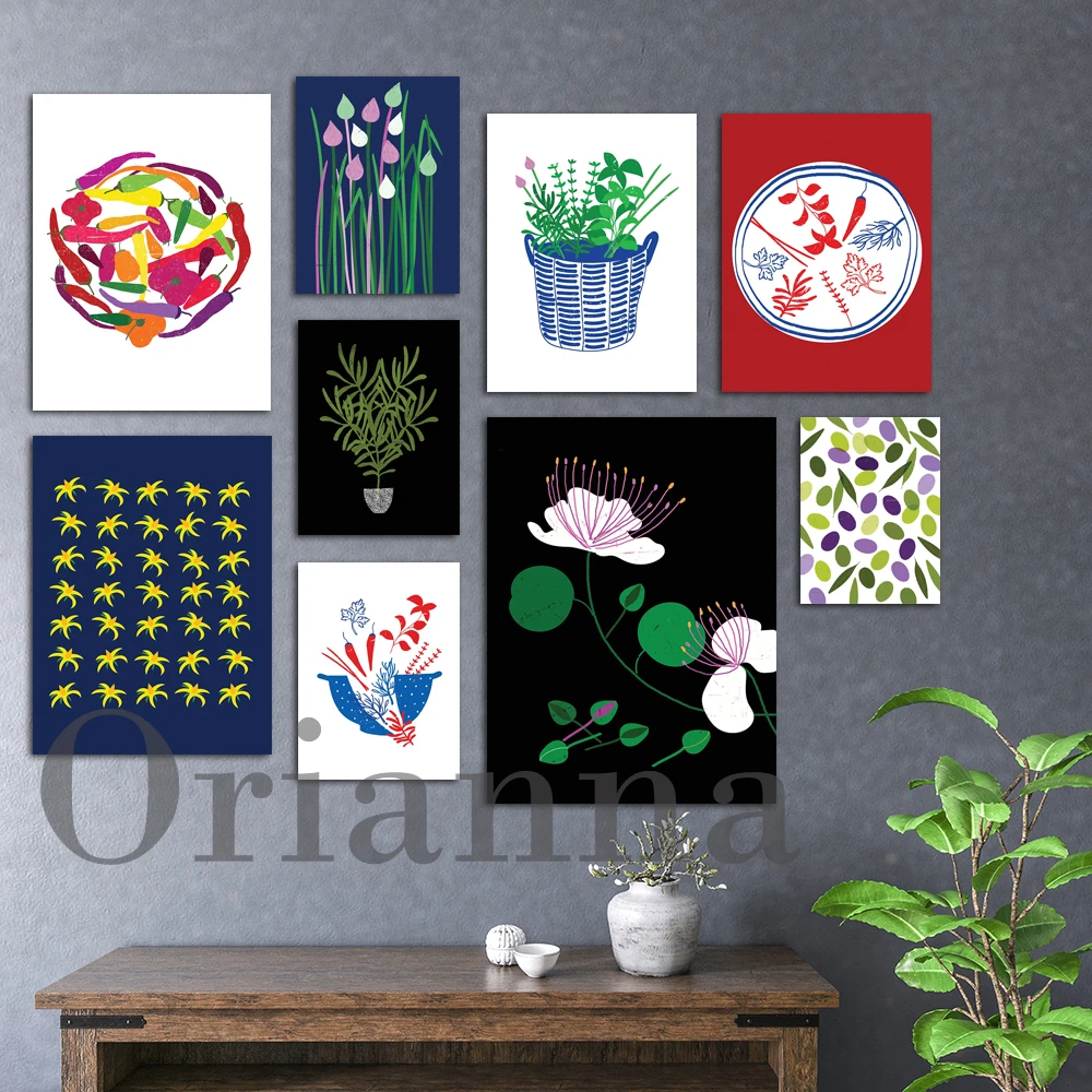

Chili Chives Capers Rosemary Fennel Tomato Flowers Olive Culinary Herbs Botanical Spices Prints Posters Kitchen Decor Painting