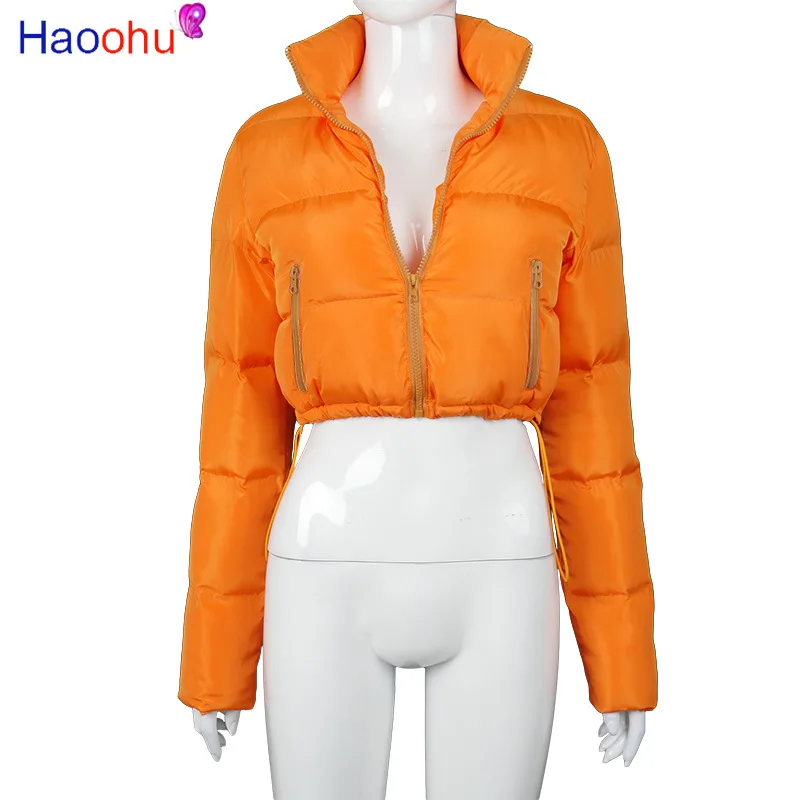 HAOOHU Crop Puff Jacket for Women Winter Clothes Warm Parka Fashion Outwear Long Sleeve Zip Thick Down Bubble Lapel Coats