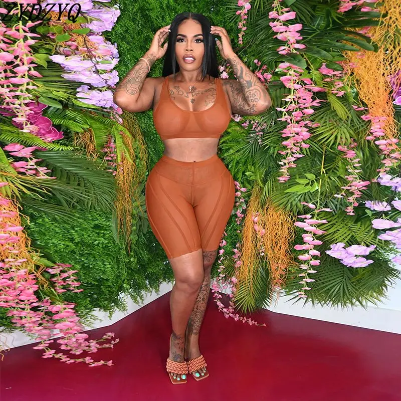 

ZYDZYQ Shorts Sets 2 Piece Sets Women Summer Solid Mesh Tight Tracksuit Y2k Clothes Lounge Vacation Streetwear Wholesale Items