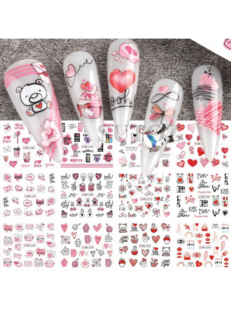 

12Pcs/set 3D Pink Heart Stickers Valentines Day Nail Art I Love You Letters Water Decal Cute Bear Kiss Lip Sliders For Manicure