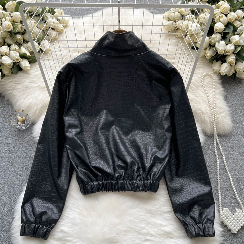 Women Crocodile Pattern Faux Leather Jacket Coat Casual PU Loose Motorcycle Jackets Female Streetwear Oversized Coat Korean Chic