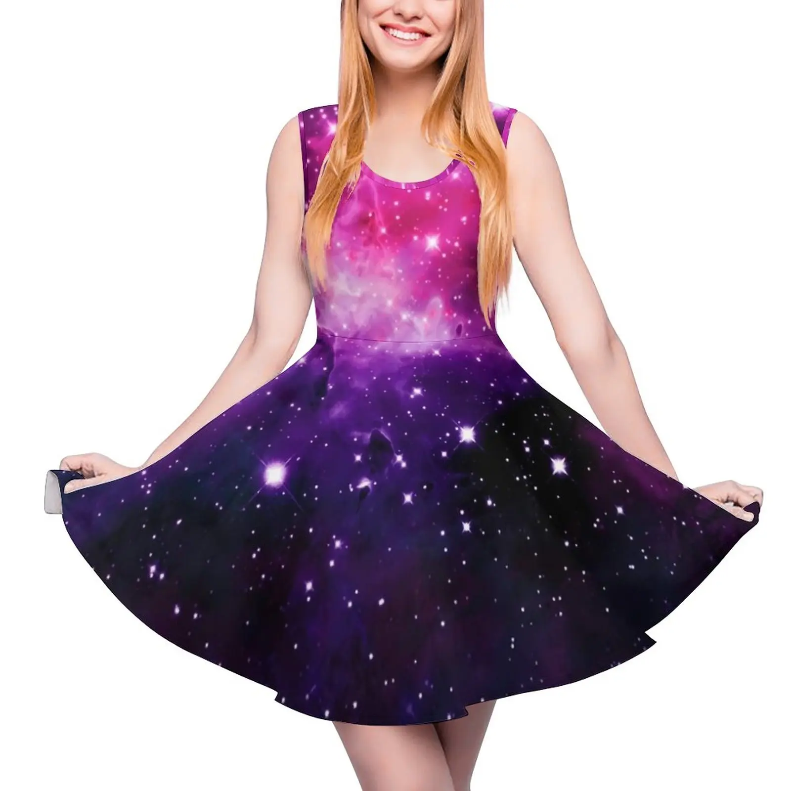 

Purple Galaxy Dress Stars Print Vintage Dresses High Waist Street Wear Skate Dress Female Custom Clothes Birthday Present