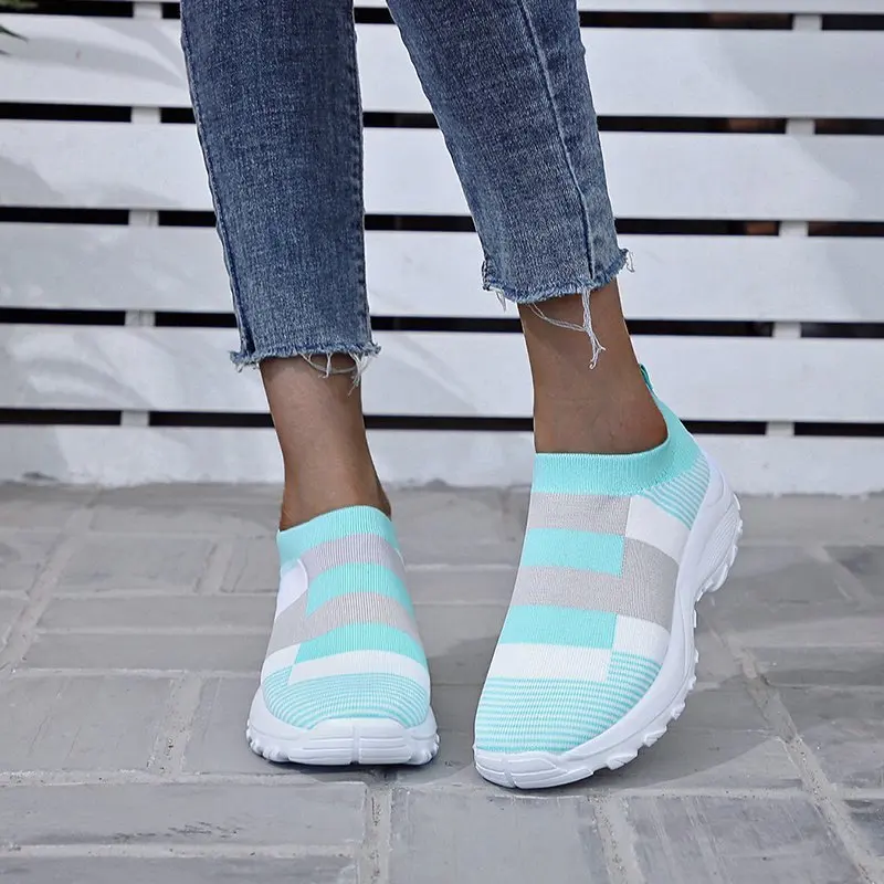 

Women Shoes Vulcanized Mujer Knitted Sneakers Women New Flat Shoes Mix Color Vulcanize Shoes Casual