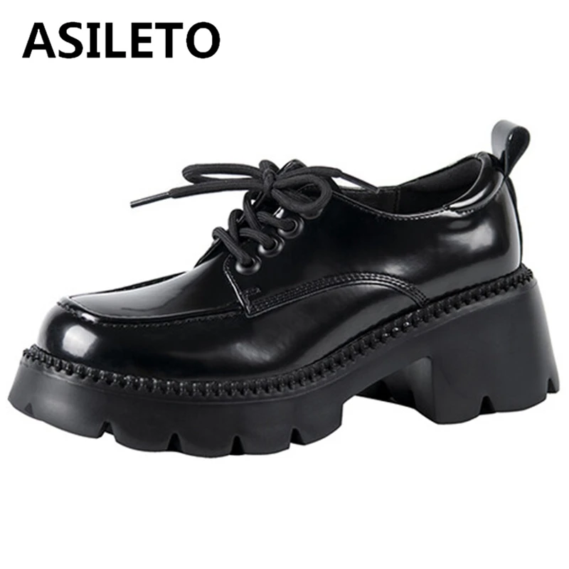 

Женские туфли-лодочки на платформе ASILETO 2022 с круглым носком на толстом каблуке, повседневные однотонные туфли из коровьего спилка на шнуров...