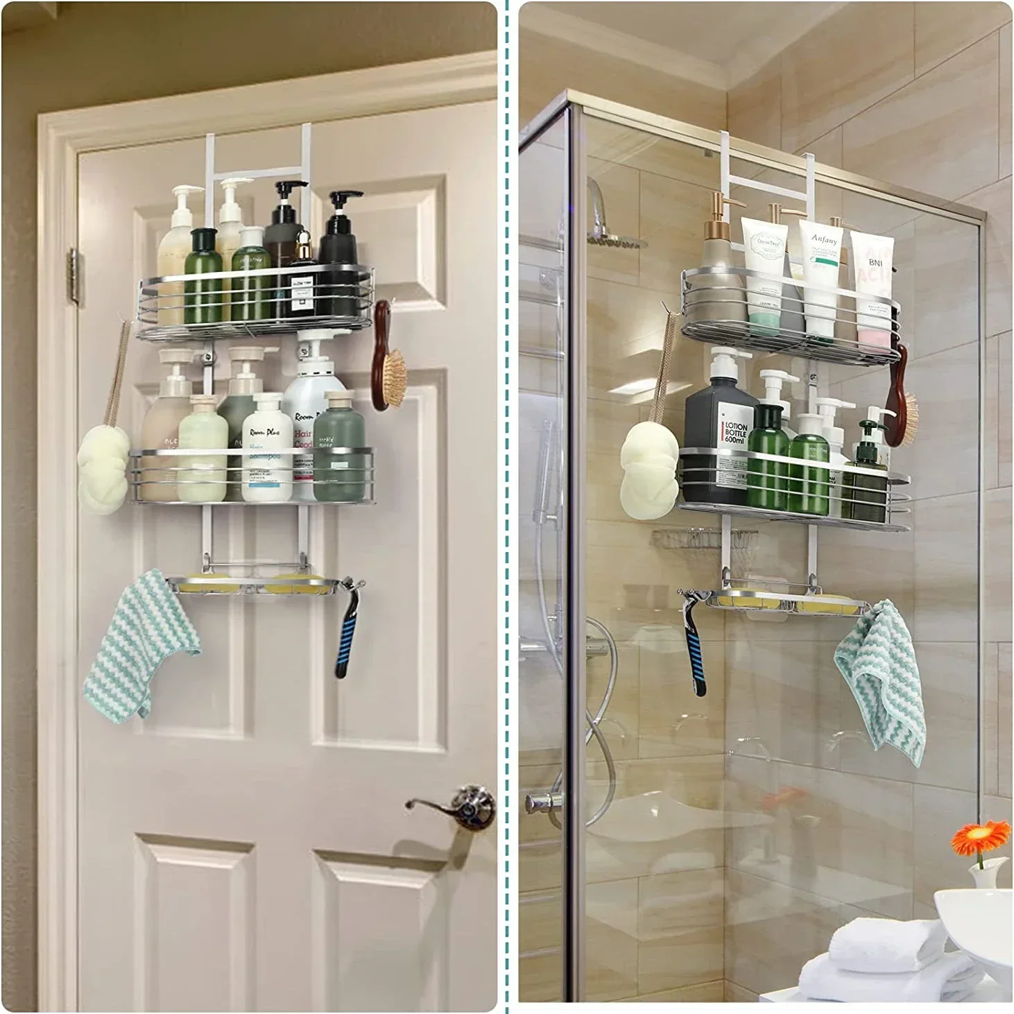 

Over the Door Shower Caddy Organizer, Shower Storage Rack Shelf with Hooks & Soap Holder, Silver