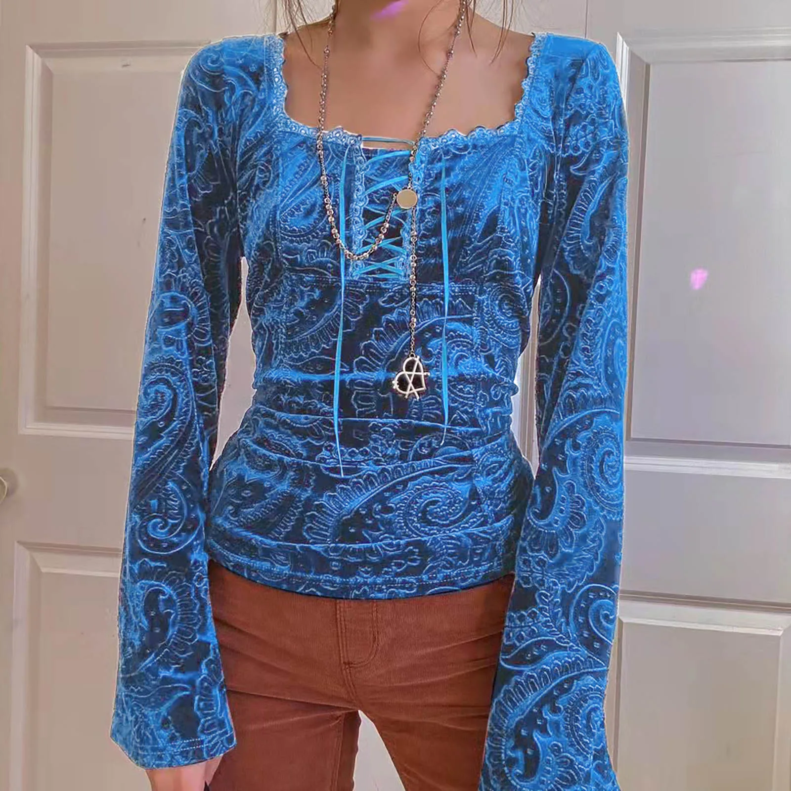 

Blue Square Collar Women Casual Tight Retro Printing Long Flared Trumpet Sleeve Pullovers Square Collar Belt Tees Top Футболка