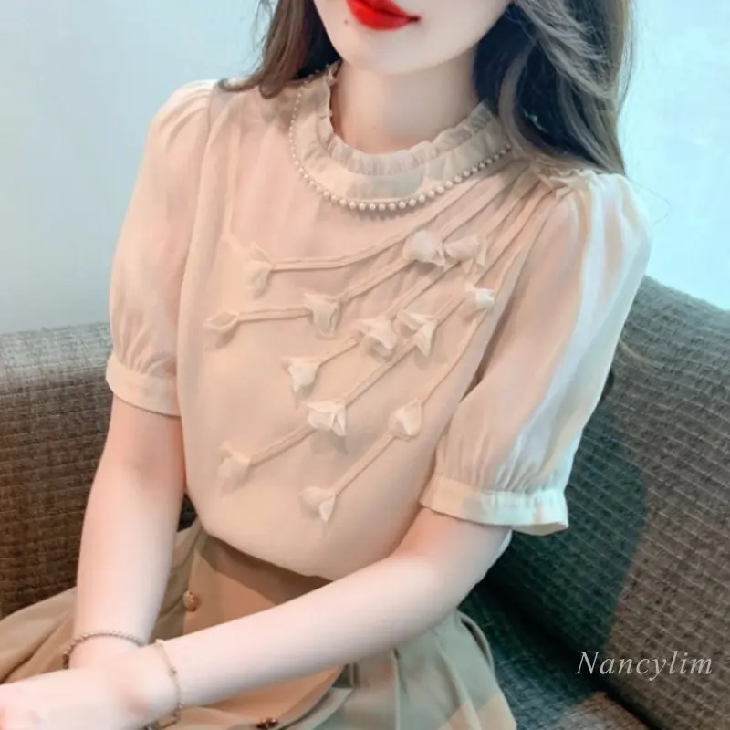 

Summer Short-Sleeved Apricot Chiffon Shirt Women's Clothing 2023 New Design Sense Chic Beautiful Three-dimensional Flower Top