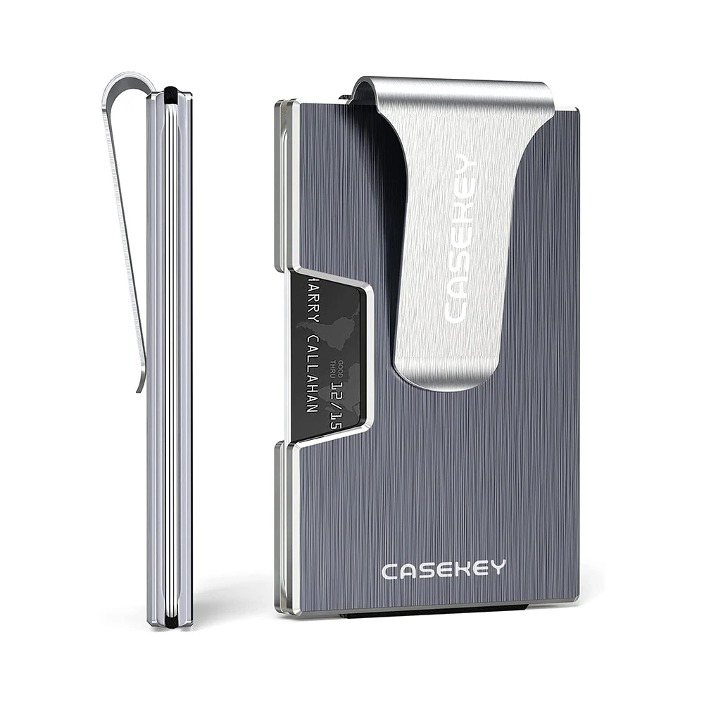 CASEKEY Men Slim Wallet Front Pocket Rfid Minimalist Credit Card Holder for Male Metal Purse with Money Clip Small Wallet