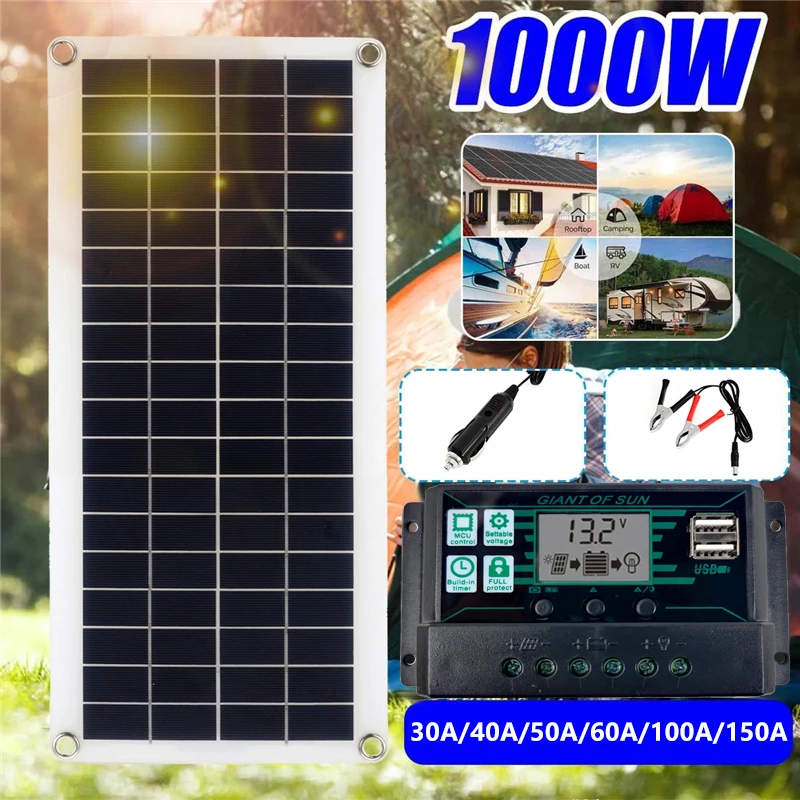1000W Solar Panel Kit 12V USB Charging Solar Cell 10A-150A Controller Portable Waterproof Solar Panel for Phone MP3 PAD Outdoor