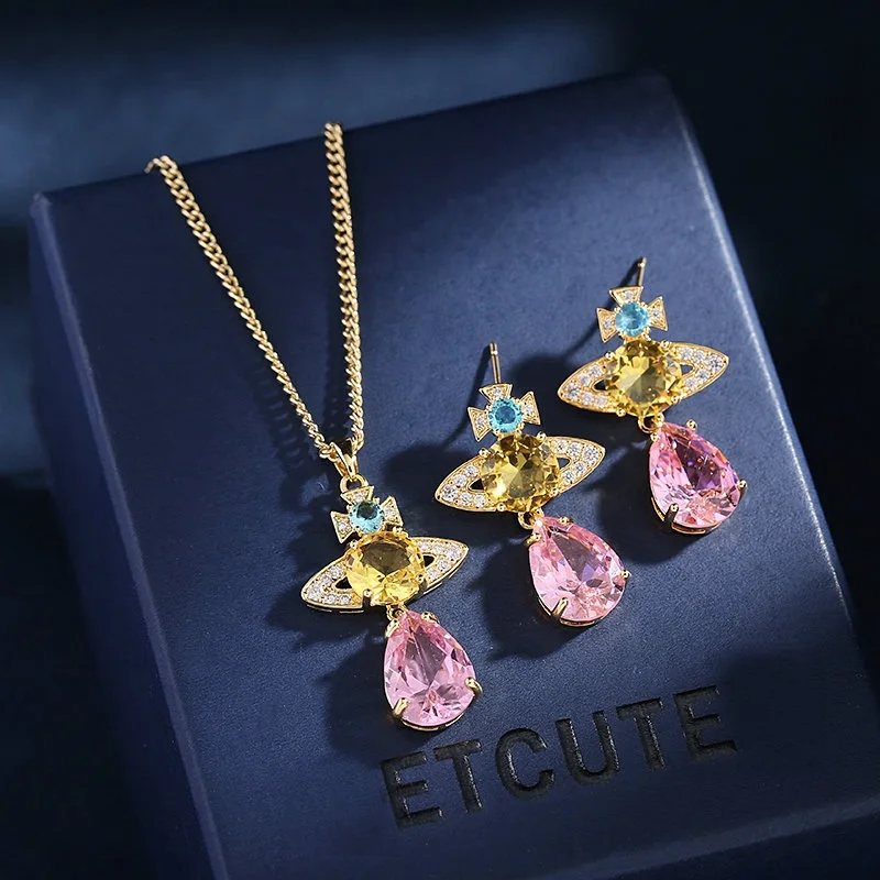 

French elegant temperament, water drop zircon inlay, niche design, planet Earring Necklace Set