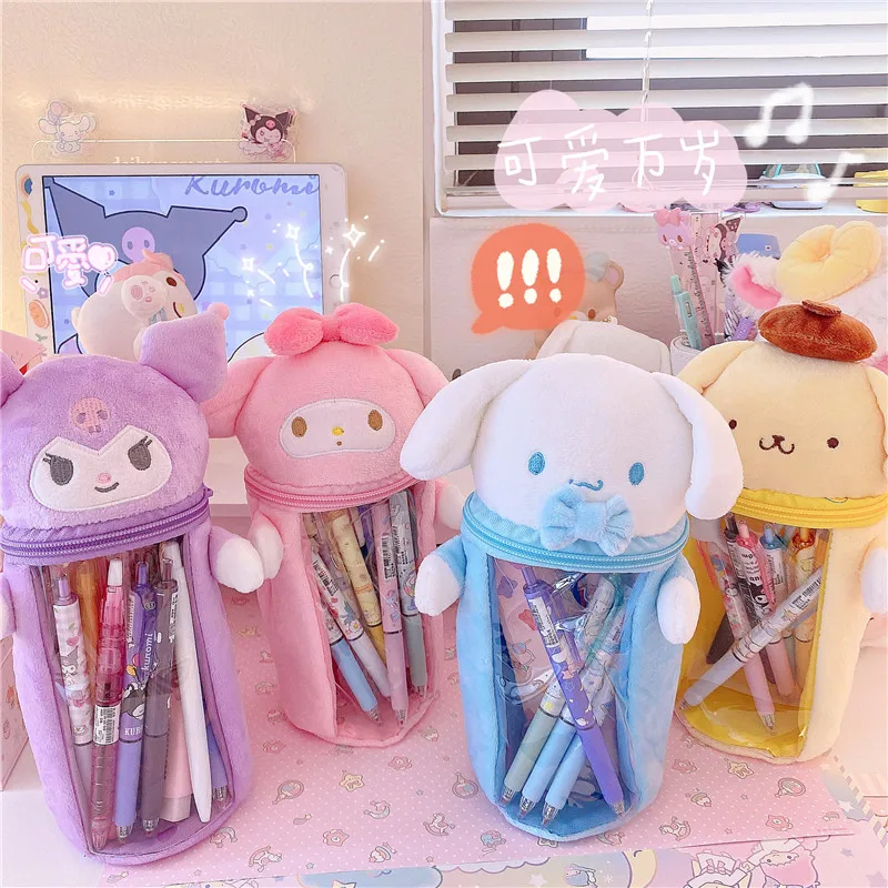 

Girls Sanrio Kuromi Cinnamoroll Plush Pencil Case Large Capacity Pen Holder My Melody Kitty Transparent Organizing Storage Bag