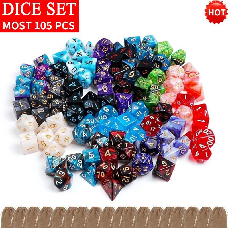 

Новинка 105/70/35 шт., набор перламутровых костей для ролевых игр, драконы, яркие разноцветные многоцветные многогранные кости для ролевых игр DND с бархатными сумками