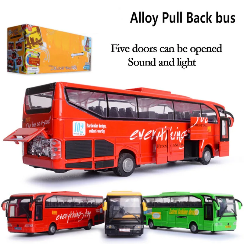 

New 1 Pcs Alloy Model Bus Metal Diecasts Toy Vehicles Pull Back & Flashing & Musical High Simulation Tourist Bus New Year Gift