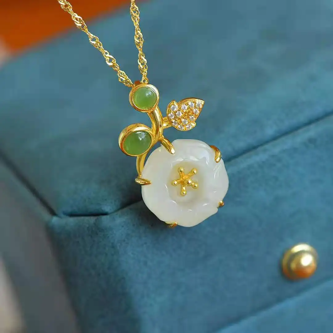 Подвеска из натурального жадеита Хэтянь с цветочным узором из серебра S925 в стиле ретро для культурной шейной цепочки.