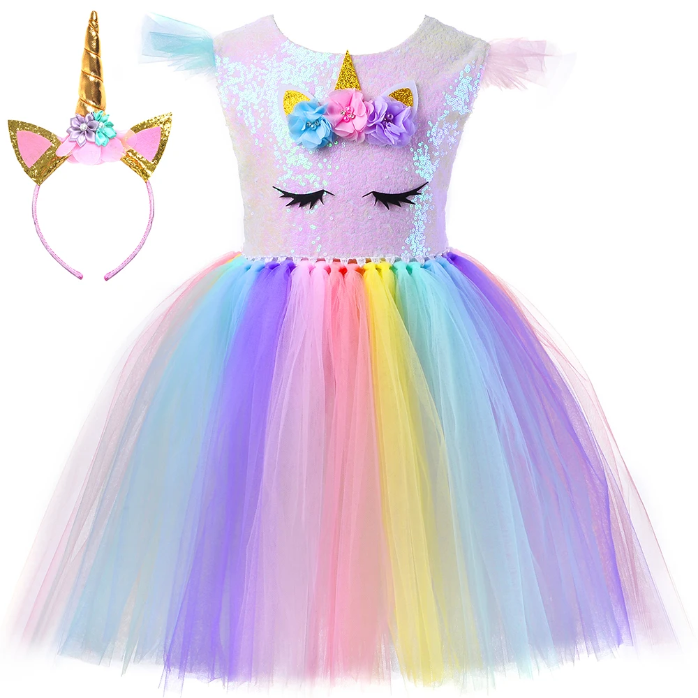 

Sequins Girls Unicorn Tutu Dress Long Rainbow Children Tulle Princess Dress Mid-calf Kids Birthday Party Halloween Costume 3-10Y