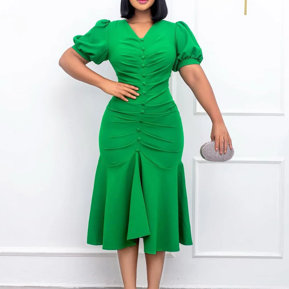 

Fashion Ruffles Slim African Dress Women Solid Green Short Sleeve V-Neck Pencil Dress 2022 Sexy Summer Pleated Button Midi Dress