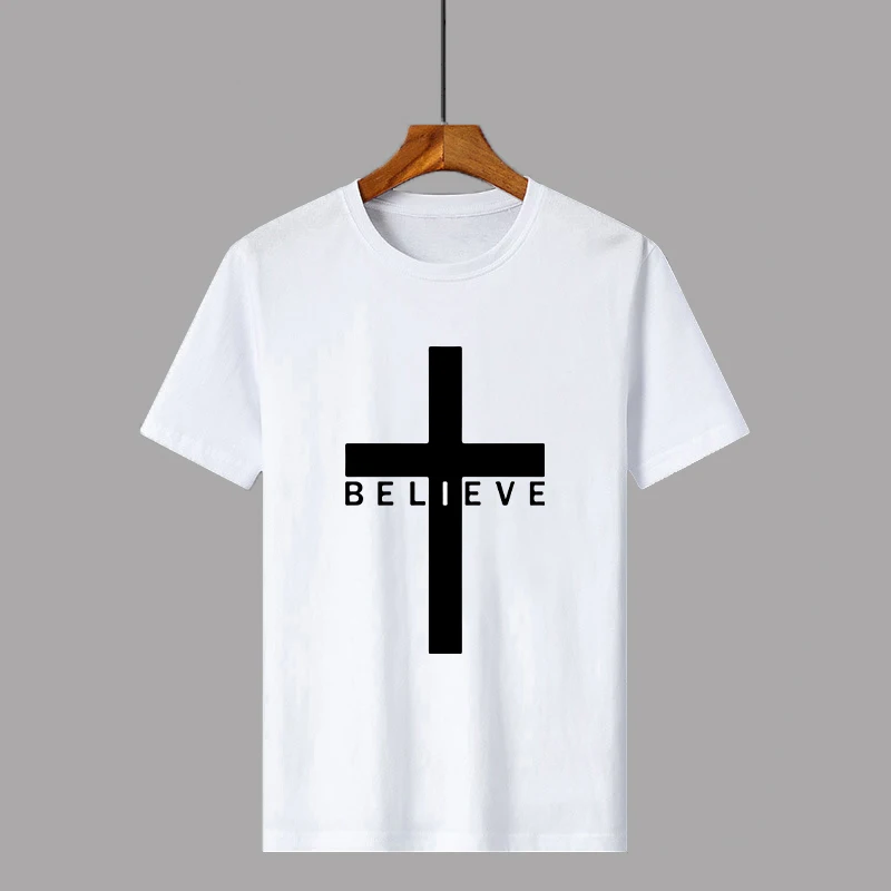 

Футболка мужская с круглым вырезом, хлопок, Повседневная Базовая тенниска с принтом Креста I Believe, Классическая майка, лето