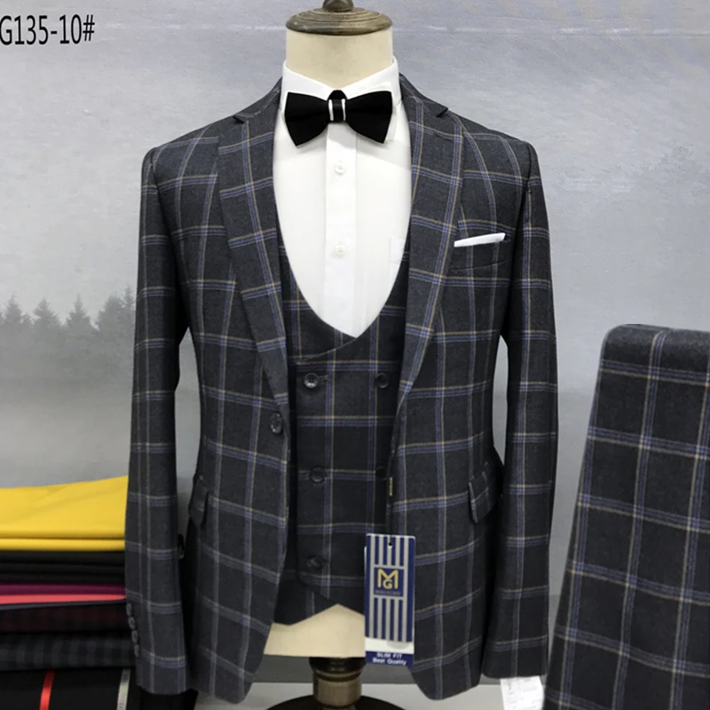 

3 Pcs Suit Set Blazers Coat Vest Pants / Fashion Men Casual Business Plaid Big Lapel Groom Wedding Formal Dress Jacket Trousers
