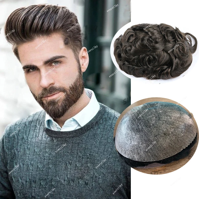 Brown  Men's Human Hair Wigs Natural Hairline Super Durable Thin Microskin PU Men Toupee Capillary Prosthesis System Replacement