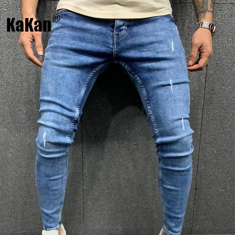 Kakan - European and American New High Quality Men's Worn Small Foot Elastic Jeans, Light Blue Wash Tight Jeans K40-8837