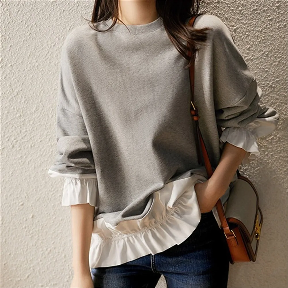 

Female Hoodie Round Neck Pullover Fake Two-piece Sweater Bell Sleeves Japan Korean Casual Autumn Spring Ladies Tops Trendy Ins