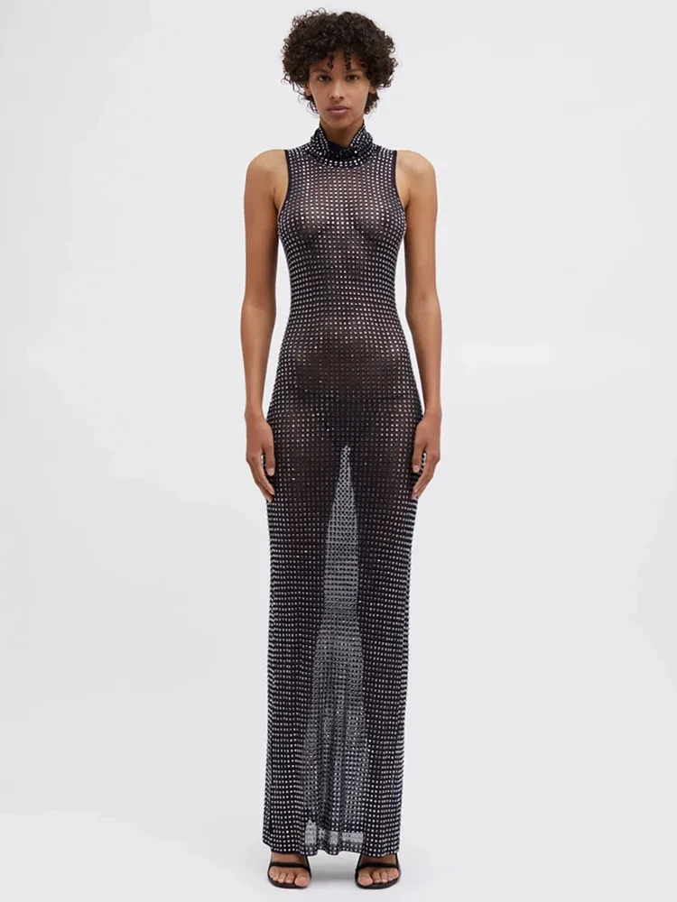 Женское длинное платье без рукавов черное Сетчатое макси с шипами в стиле Звезд