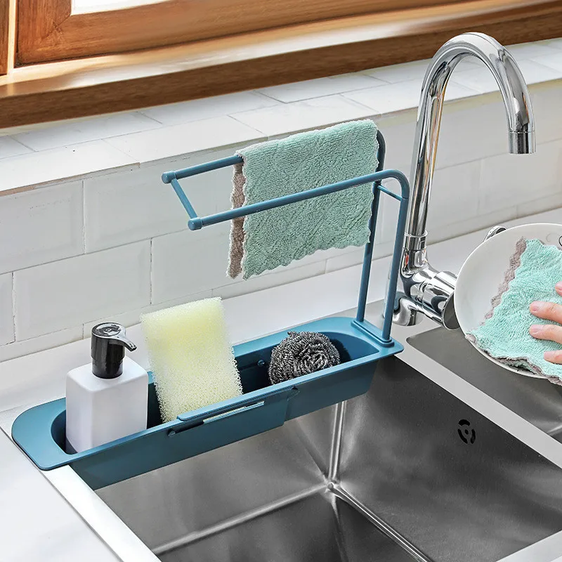 

Kitchen Organizer Drying Rack Telescopic Sink Shelf Self Draining Rack Soap Sponge Storage Basket Rag Towel Holder Home Gadget