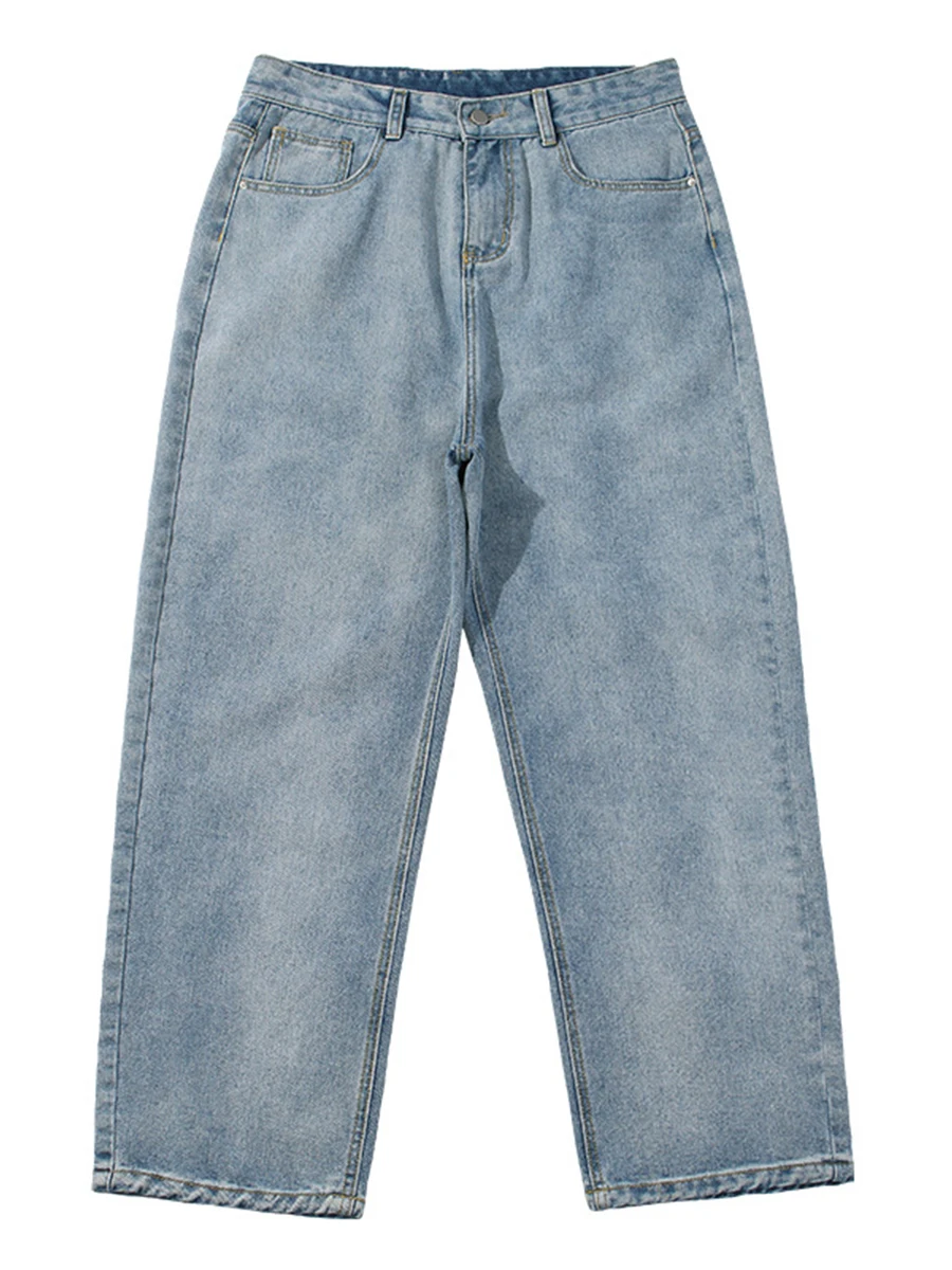 European and American High Street Men's Straight Loose Jeans Solid Color Washed Straight Trend Fashion Streetwear Ins Hot Sale