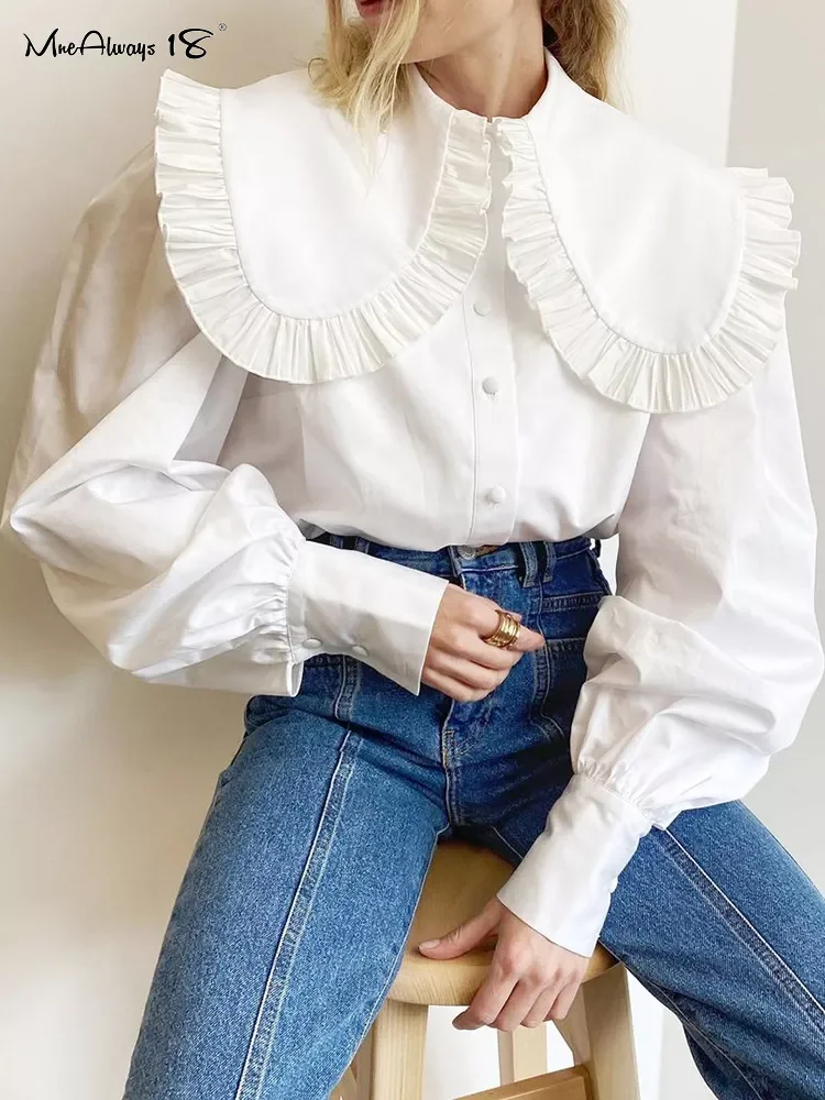 

Mnealways18 Big Peter Pan Collar Ruffle Womens Blouse Long Sleeve White Cotton Casual Tops Female Spring Summer Frill Shirt 2022