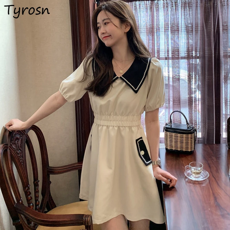 

Dresses Women Pockets Women Design Japanese Style Girl Sweet Peter Pan Collar Cute Fashion Summer Casual Cozy Holiday High Waist