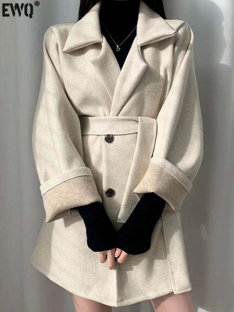 

[EWQ] Korean Elegant Suit Collar Single Breasted Lace Up Waist Slim Long Sleeve Woolen Jacket For Women 2023 Autumn Winter U6876