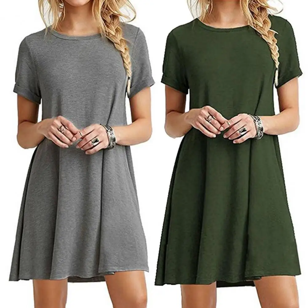 

Party Dresses O-neck Stretchy Loose Hem Mini Solid Color Simple Short Sleeve Lady Stretchy Pullover Comfy Dress for Daily Wear