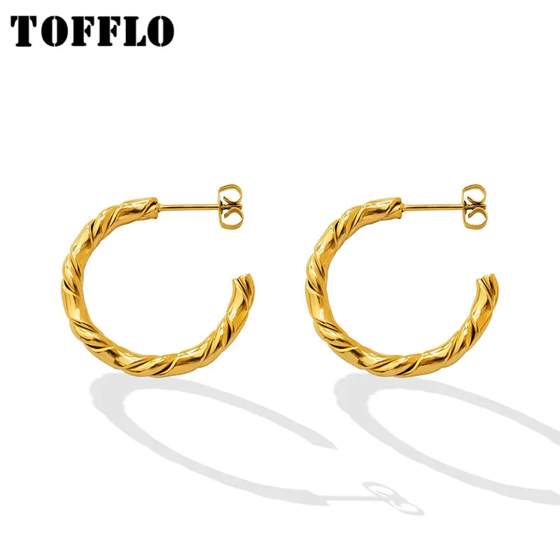 

TOFFLO Stainless Steel Jewelry C Shaped Twist Earrings Decorated With 18K Gold Ladies Fashion Earrings BSF596