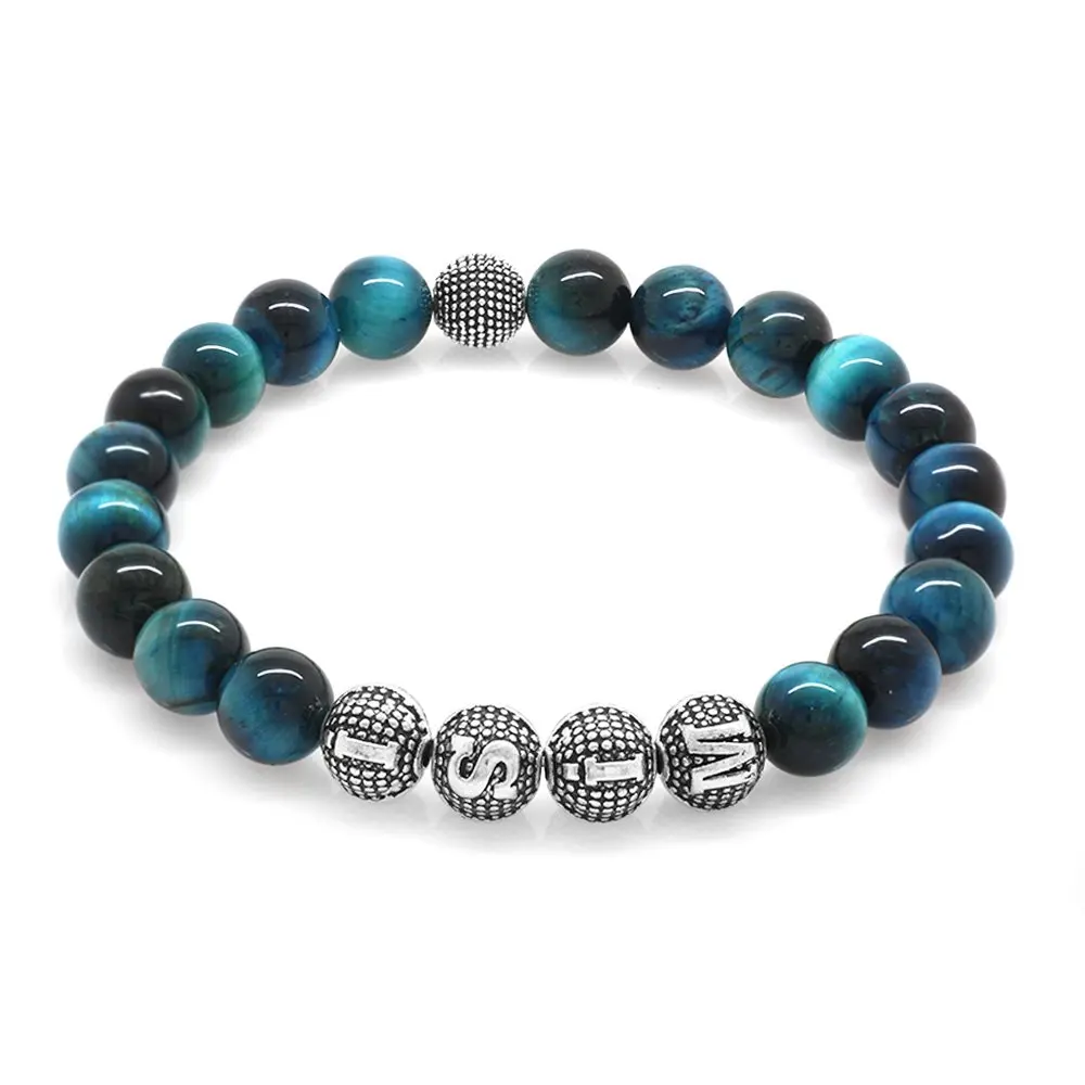 Nipora Turquoise Tiger Eye Metal Combined Personalized Name Written Sphere Cut Natural Stone Bracelet