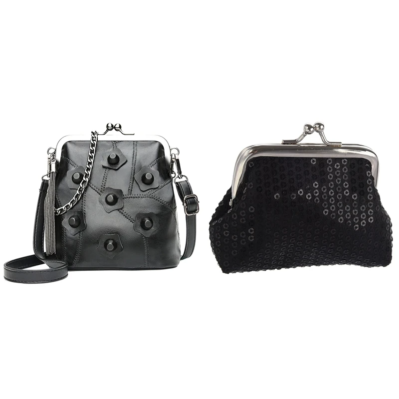 

Women's Sequins Coin Purse Buckle Mini Wallet With Mini Chain Sheepskin Women Solid Rivet Tassel Crossbody Bags
