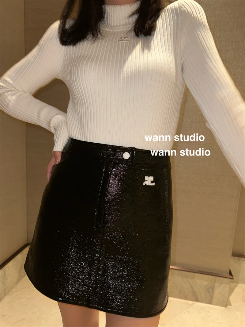 

Classic 133213 133032 Trendy Luxury Designer Cloth Embroidery Slim Half High Collar Knit Knitwear Women Top Sweater Pu Skirt