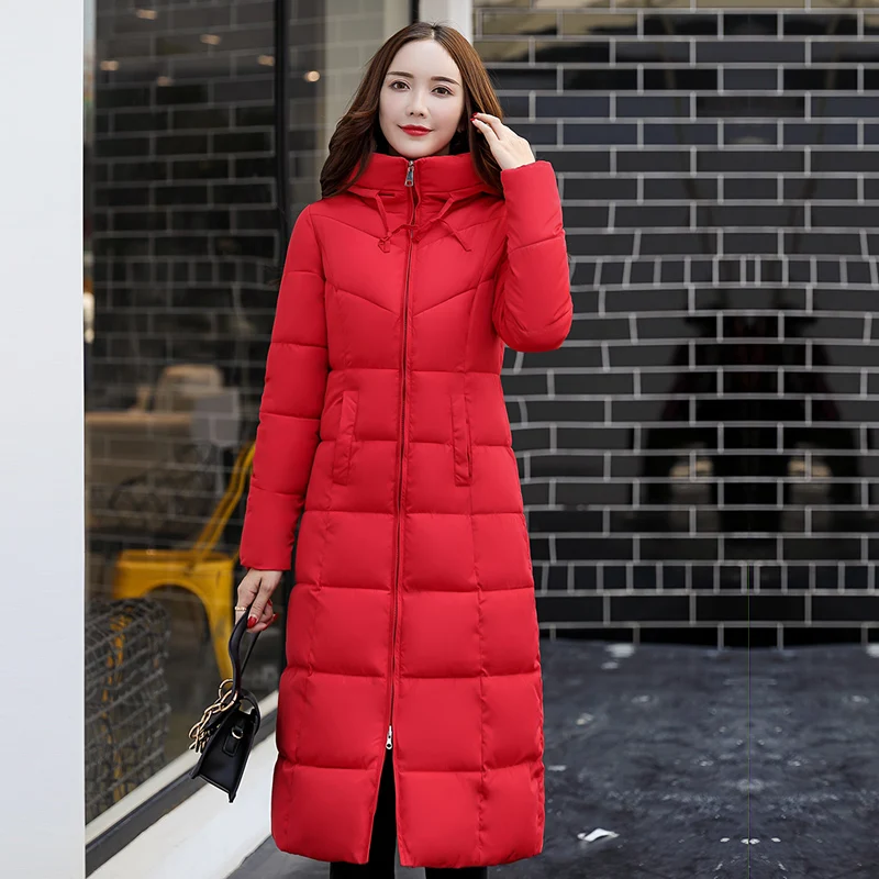 Winter Long Parkas Jackets Women 2022 Thicken Warm Hooded Padded Jackets Knee Lenght Casual Solid Cotton Coats Female OutWear