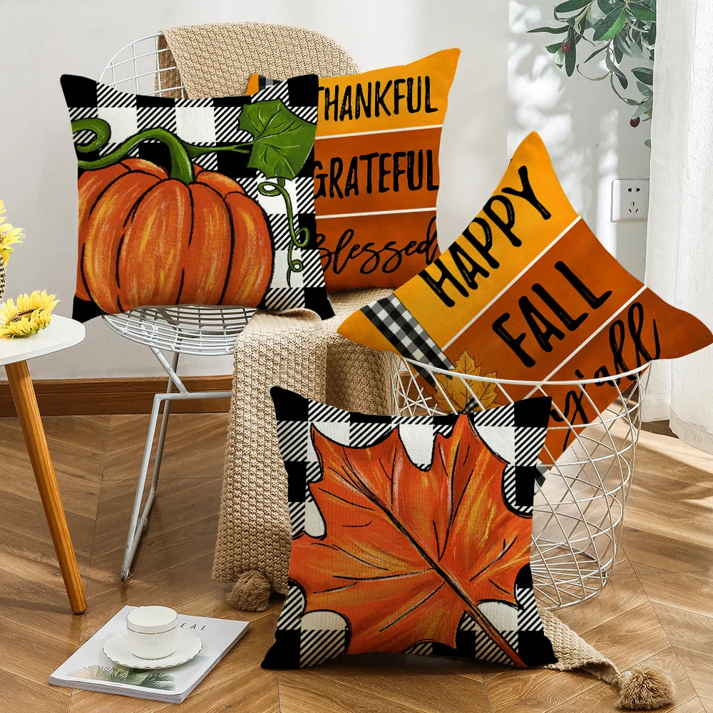 

2023 New Thanksgiving Autumn Throw Pillow Case Pumpkin Maple Leaf Hand Painted Buffalo Grid Halloween Home Cushion Cover JFLEGAL