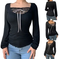 women casual tops female long sleeve lace mesh cover bowknot v neck shirts