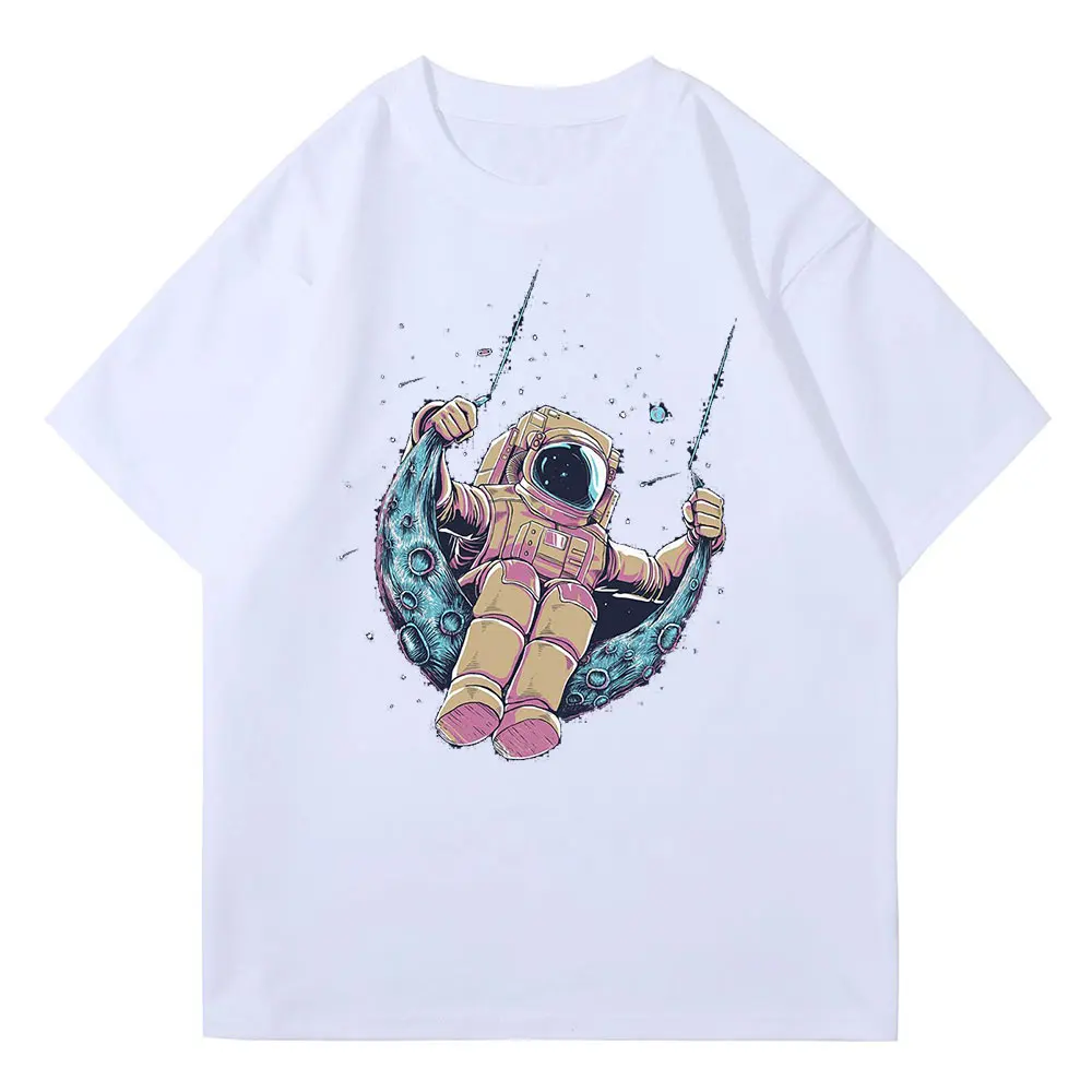 

Cartoon Astronaut Couple T Shirt For Men Women Cotton Casual Top Black White Short Sleeve T-shirts Y2K Unisex Summer Clothing
